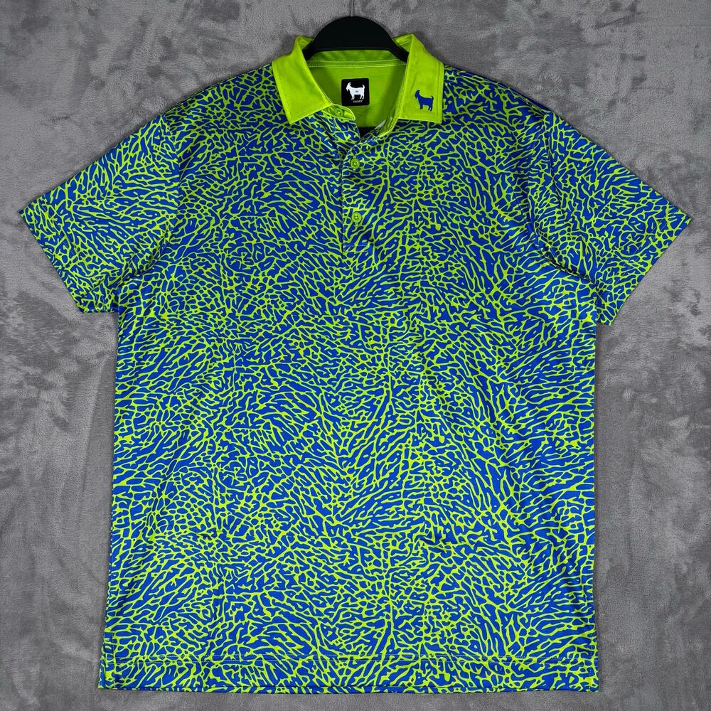 Goated Golf Polo Shirt Blue Green Neon Animal Print Performance Size Medium